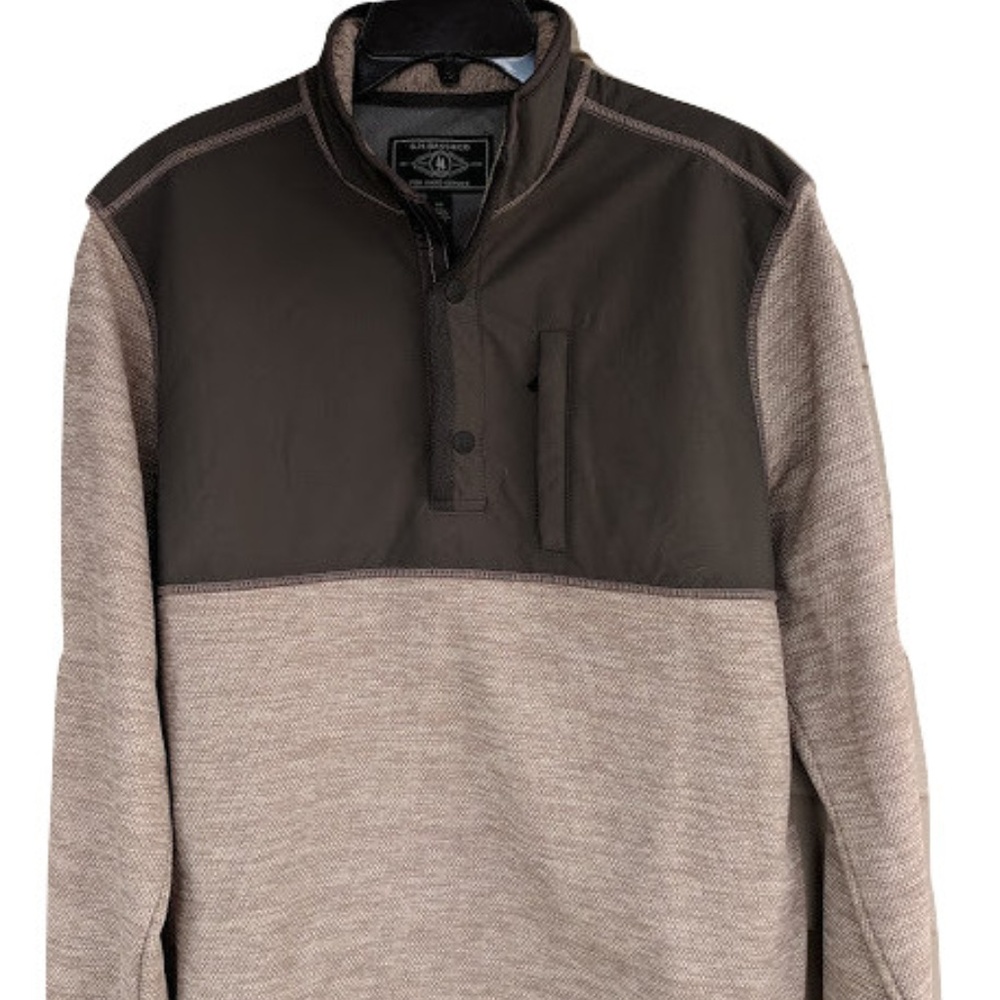 Mens Button Up Pullover Tan & Green Large